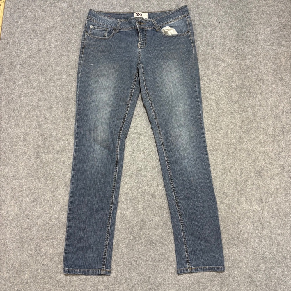 SO Womens Straight Leg Jeans Blue Medium Wash Size 11 Average Embroidered Pocket